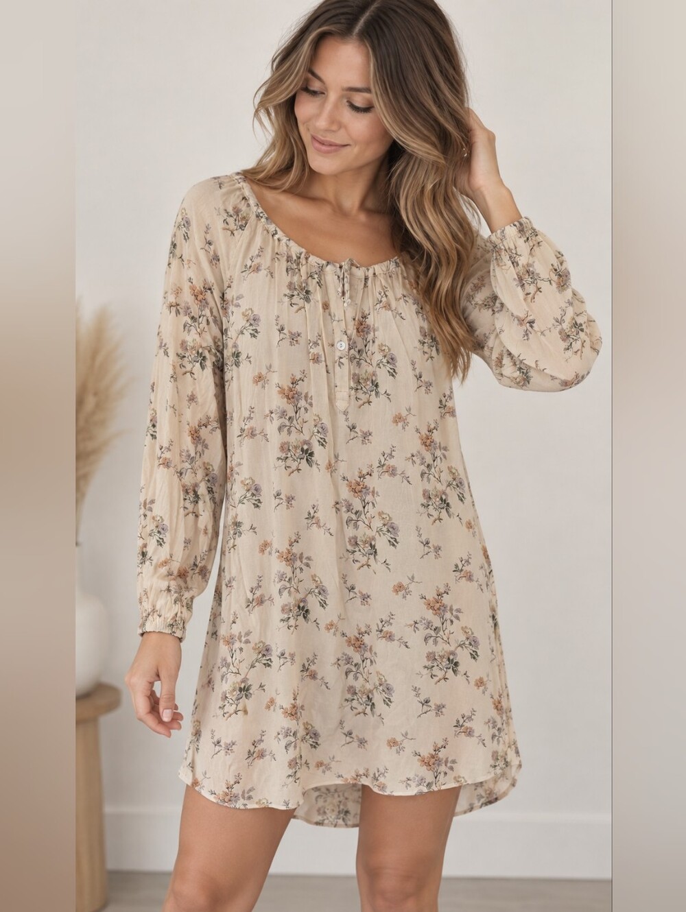5/$25 Chaser Beige Floral Long Sleeve Peasant Dress